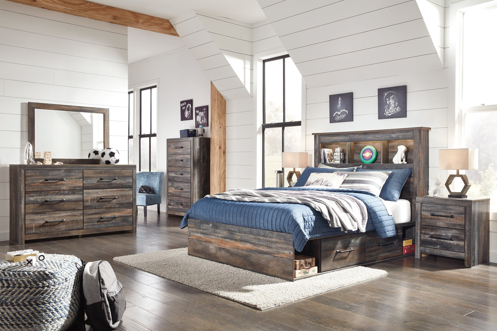 Drystan Multi Full Bookcase Bed with Side 2 Storage Drawers (Online Special Price) - Ornate Home