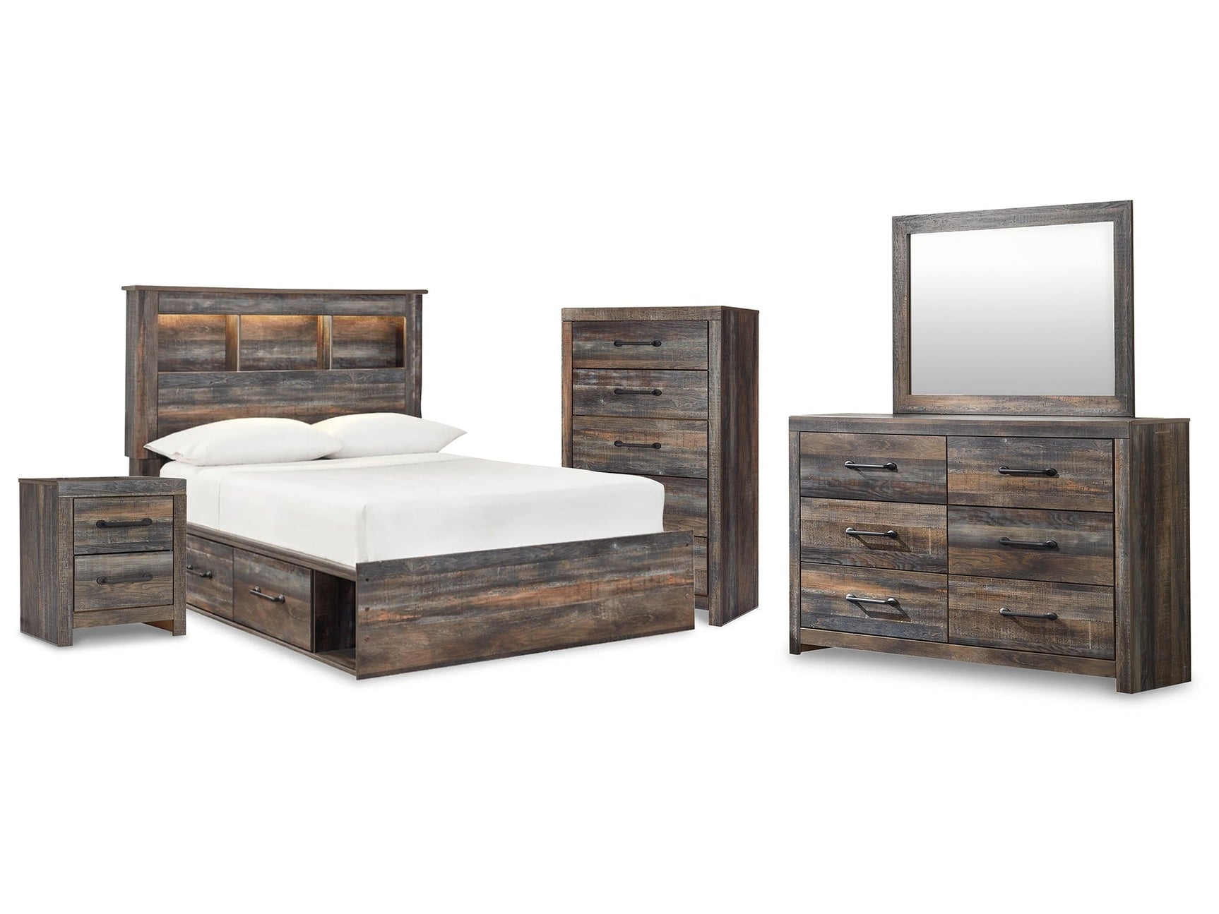 Drystan Multi Full Bookcase Bedroom Set with Dresser, Mirror, Chest and Nightstand (Online Special Price) - Ornate Home
