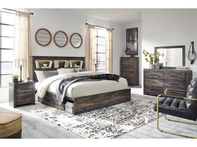 Drystan Multi King Bookcase Storage Bedroom Set with Dresser, Mirror, Chest and 2 Nightstands - Ornate Home