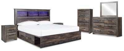 Drystan Multi King Bookcase Storage Bedroom Set with Dresser, Mirror, Chest and 2 Nightstands - Ornate Home