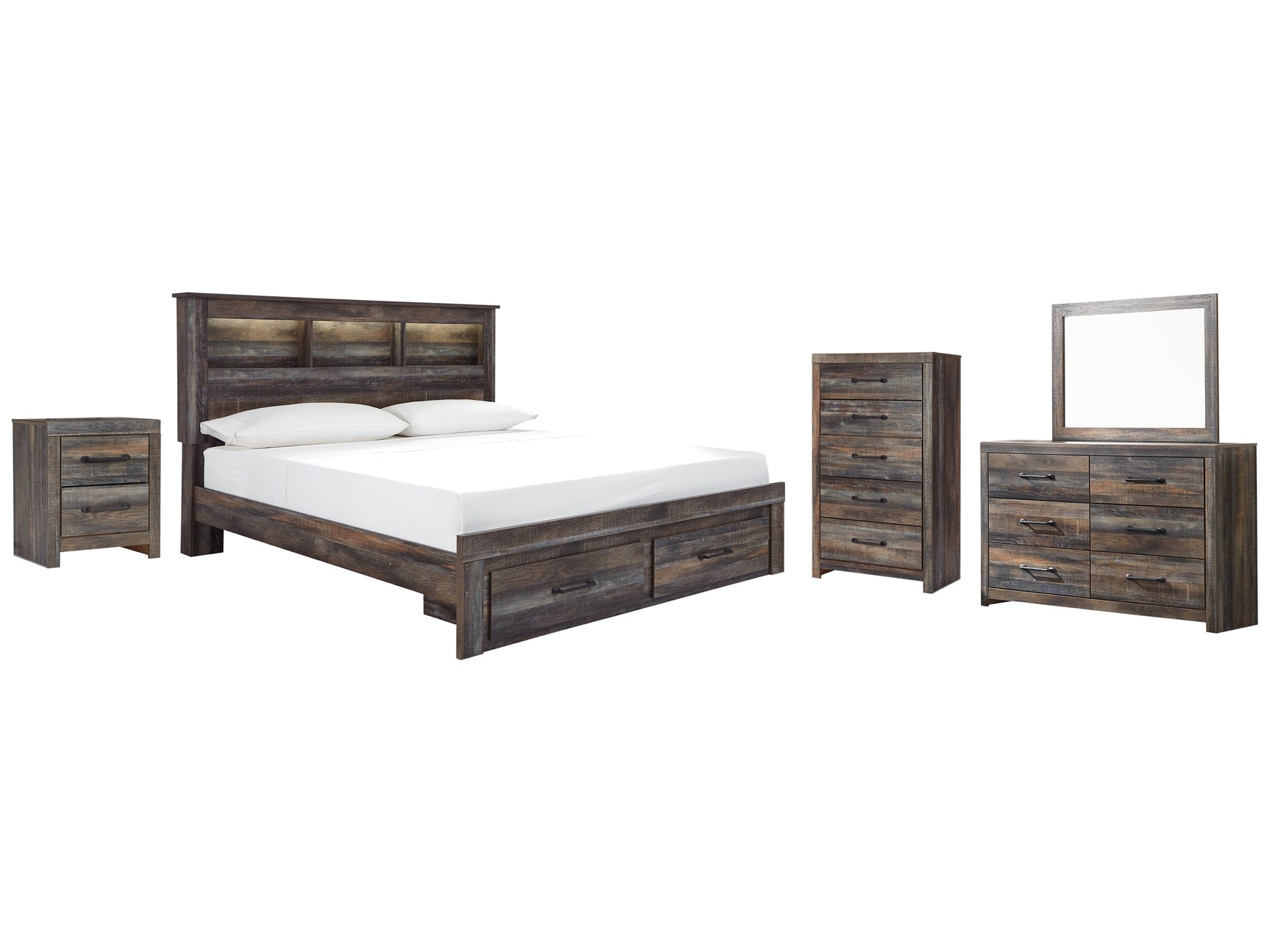 Drystan Multi King Bookcase Storage Bedroom Set with Dresser, Mirror, Chest and Nightstand - Ornate Home