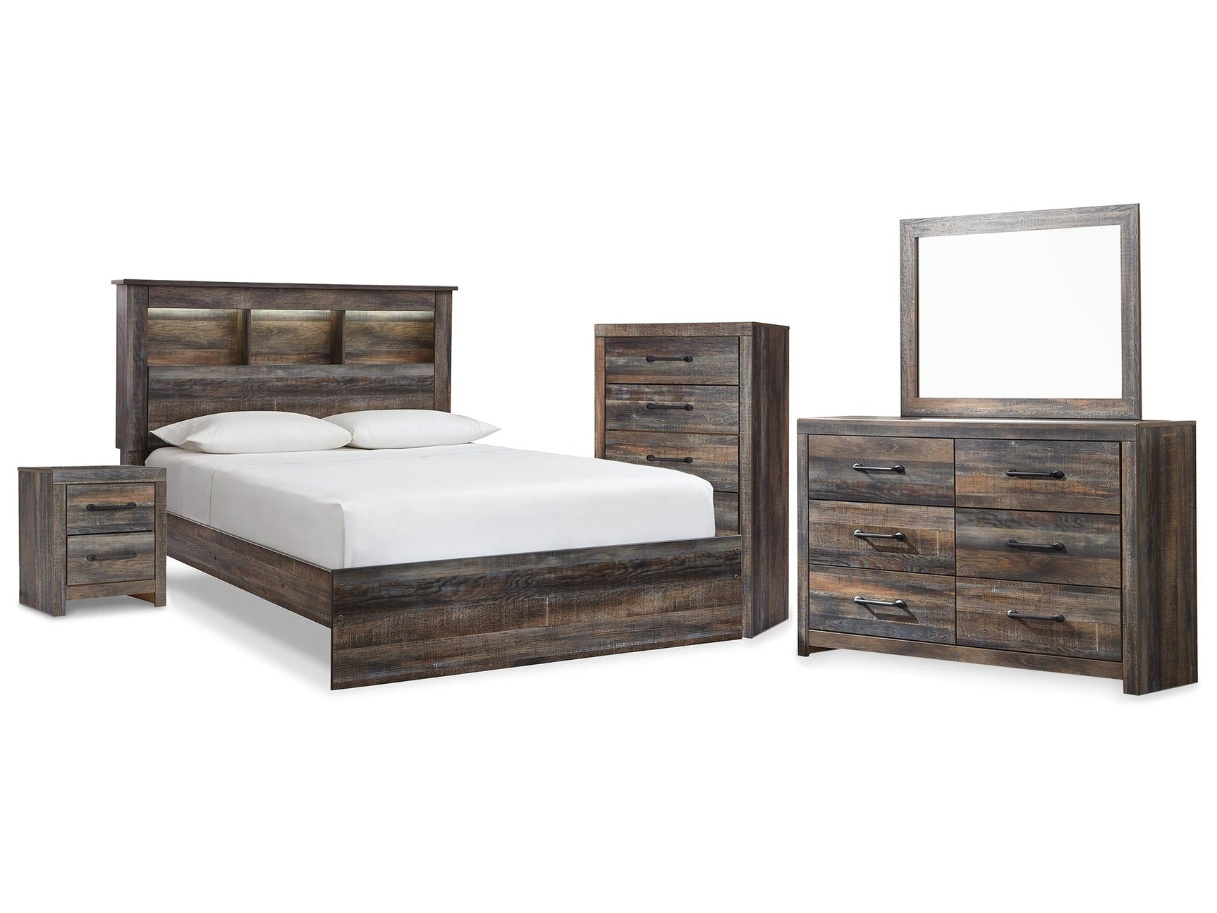 Drystan Multi Queen Bookcase Panel Bedroom Set with Dresser, Mirror Chest and Nightstand (Online Special Price) - Ornate Home