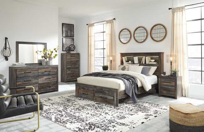 Drystan Multi Tone Queen Panel Bed w/ FB Storage & Bookcase HB (Online Special Price) - Ornate Home