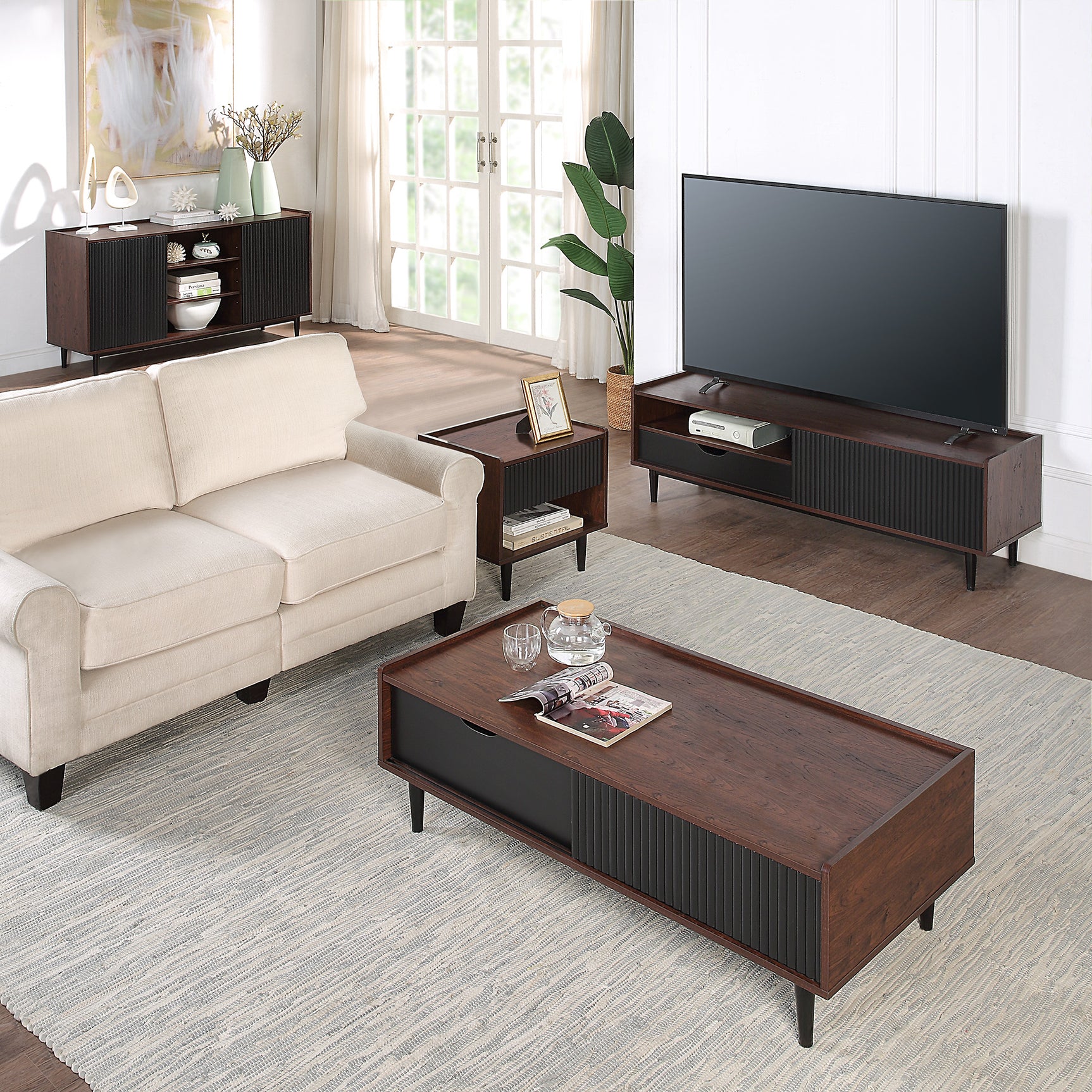 Duane 4 Piece Living Room Set in Dark Brown and Black - Ornate Home