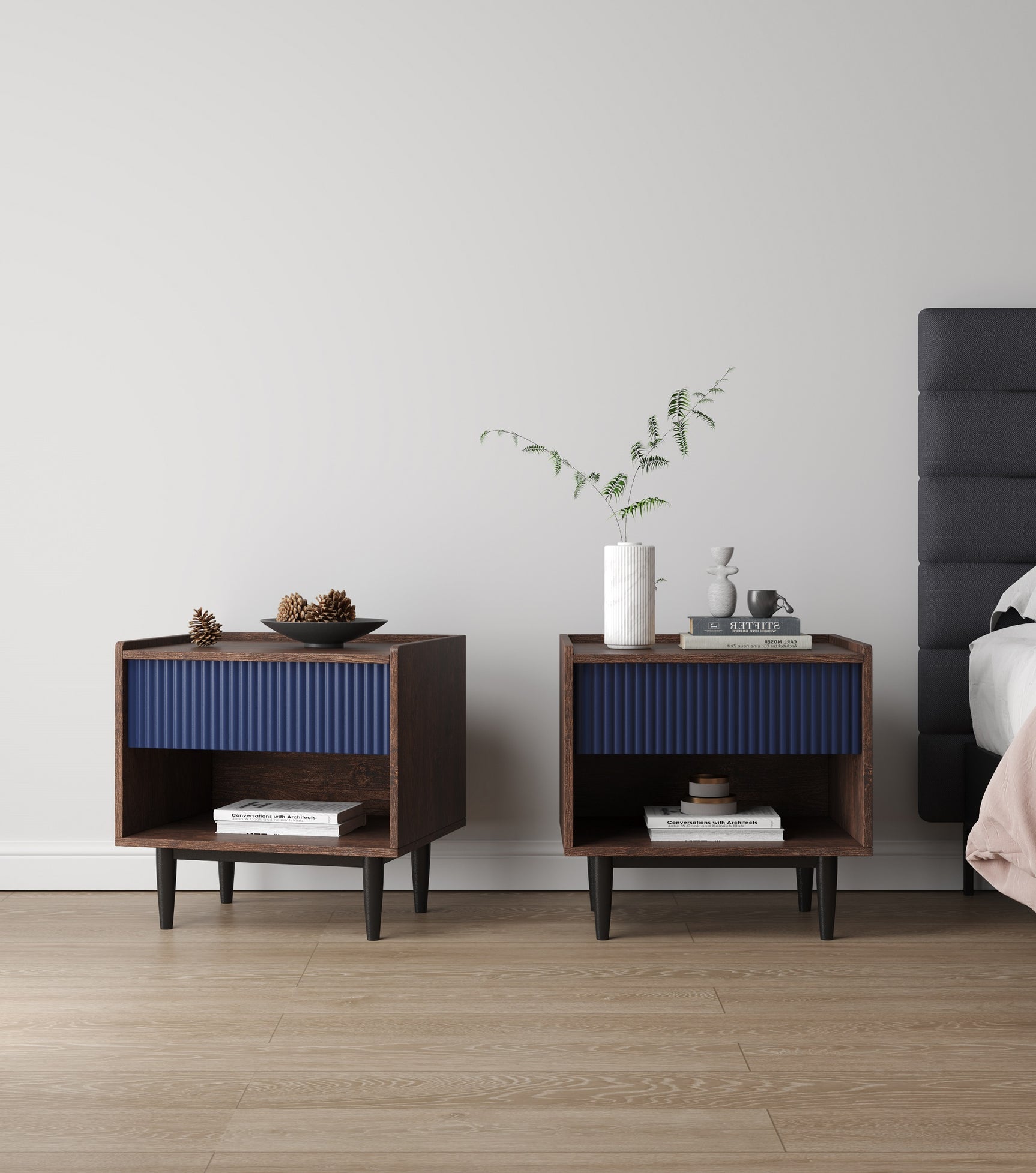 Duane Nightstand in Dark Brown and Navy Blue (set of 2) - Ornate Home