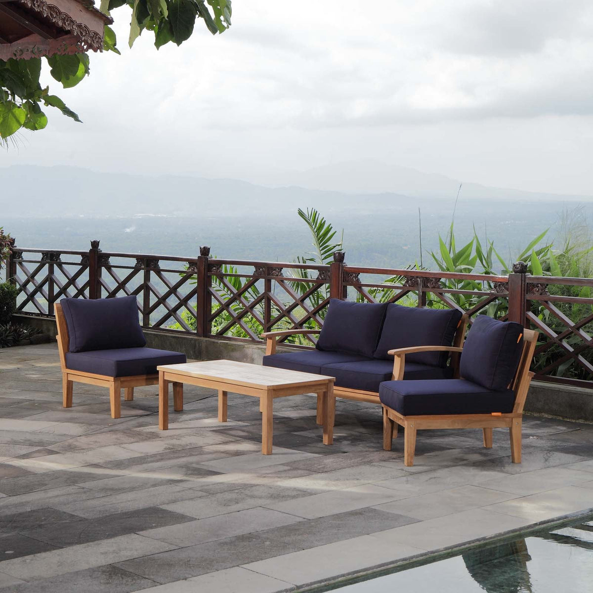 Marina Natural/Navy 5 Piece Outdoor Patio Teak Set - 64x120"