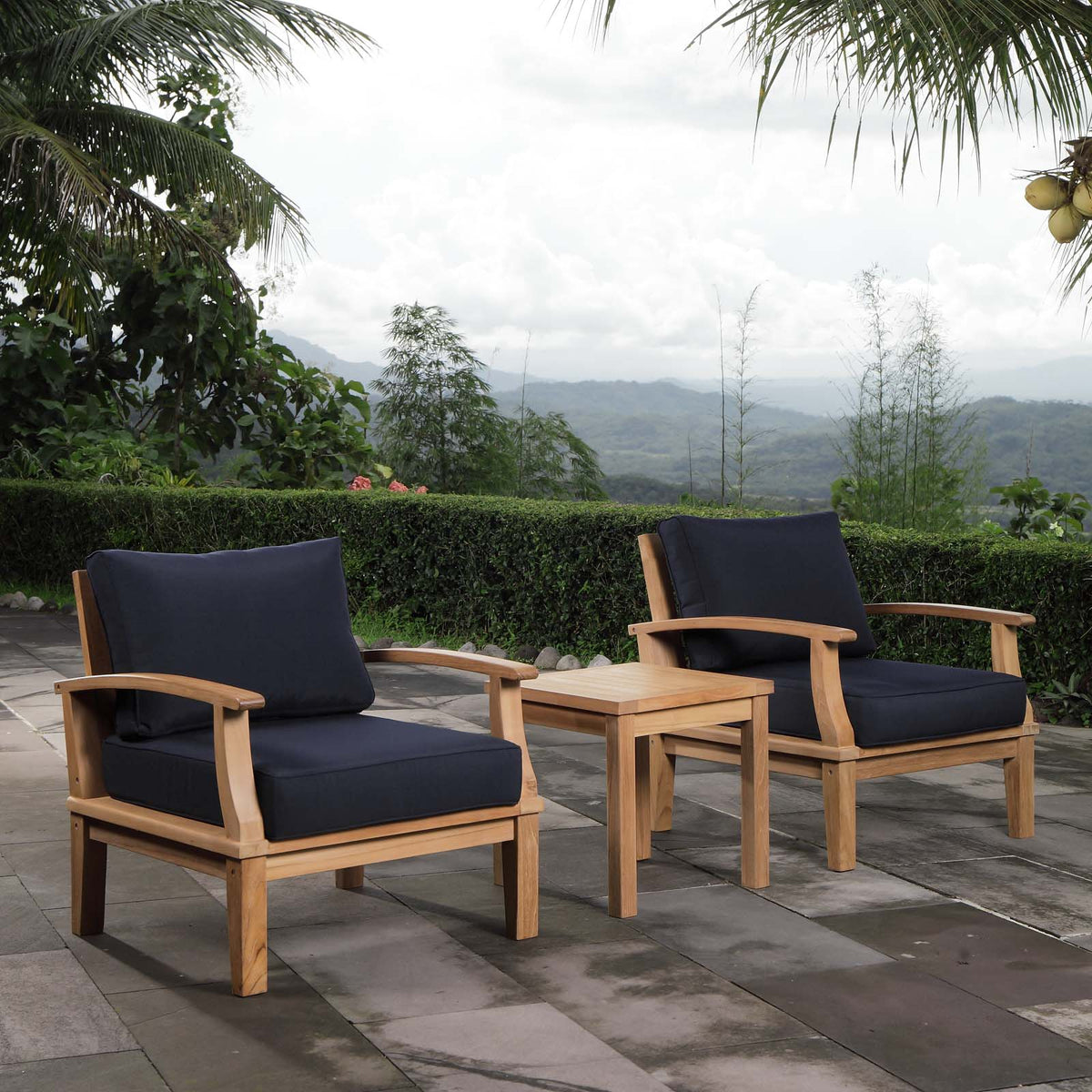 Marina Natural/Navy 3 Piece Outdoor Patio Teak Set - 31.5x84.5"