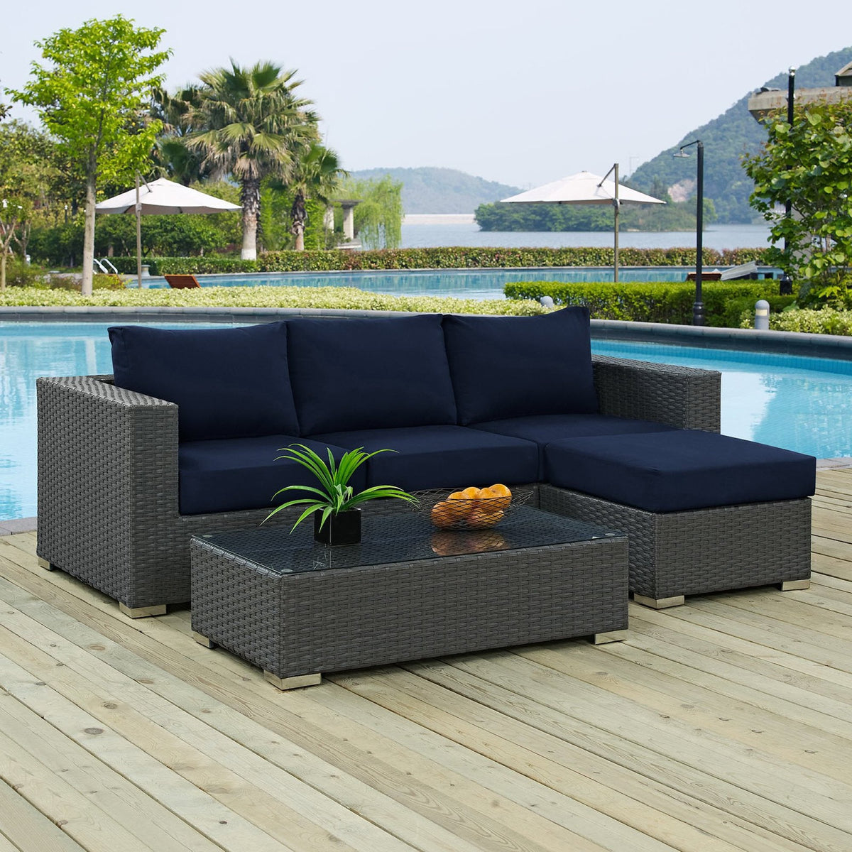 Sojourn Canvas Navy 3 Piece Outdoor Patio Sunbrella Sectional Set - 50.5x88"