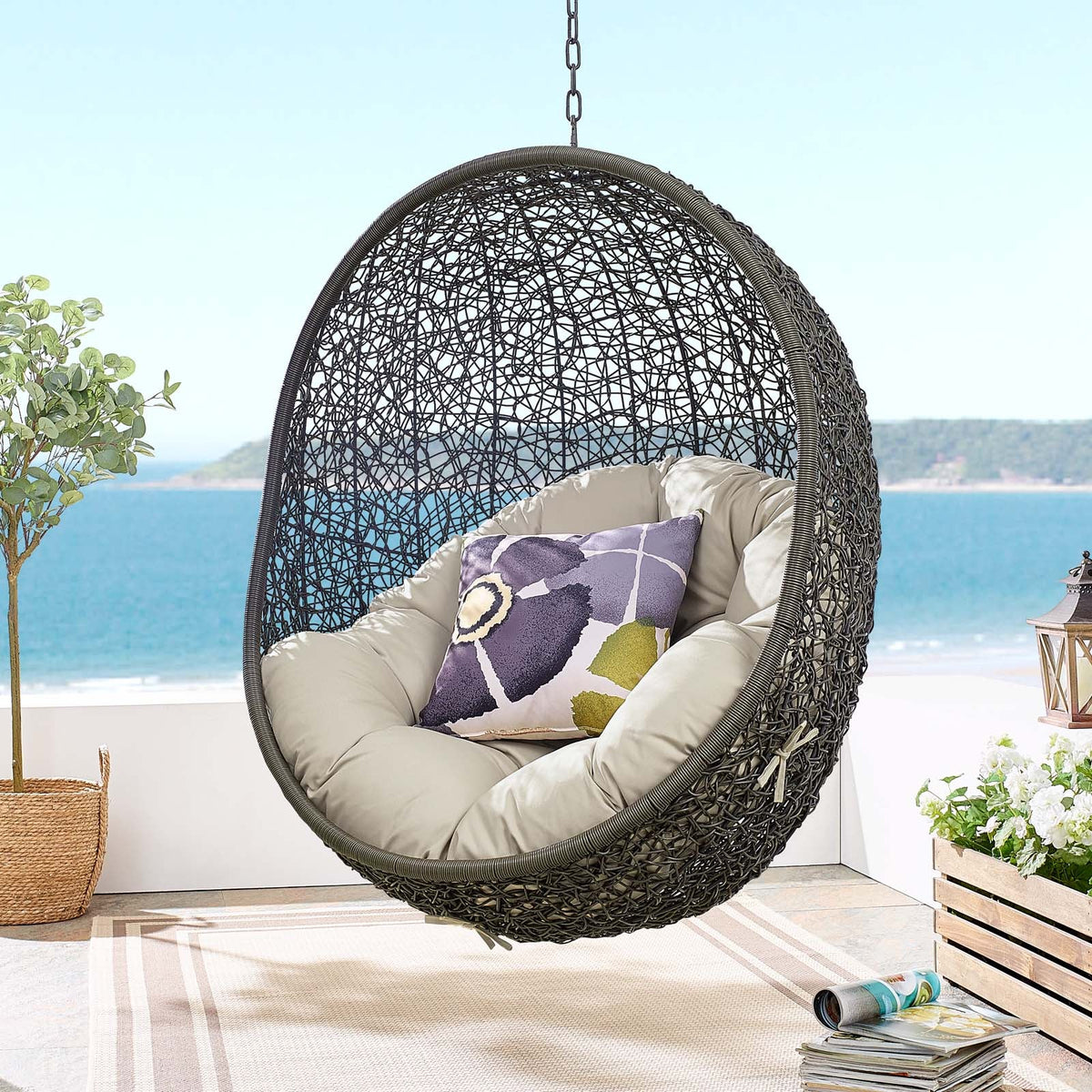 Hide Gray/Beige Outdoor Patio Swing Chair With Stand