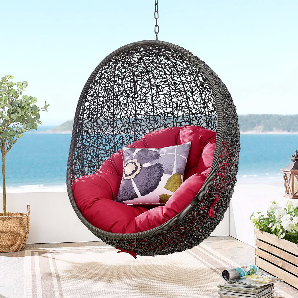 Hide Gray/Red Outdoor Patio Swing Chair With Stand