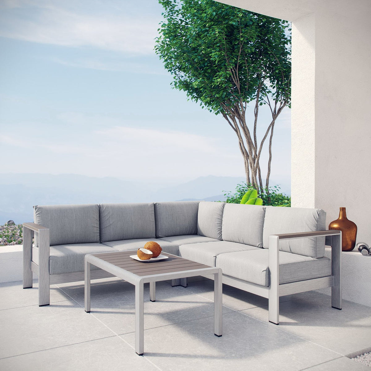 Shore Silver/Gray 4 Piece Outdoor Patio Aluminum Sectional Sofa Set - 80.5x80.5"
