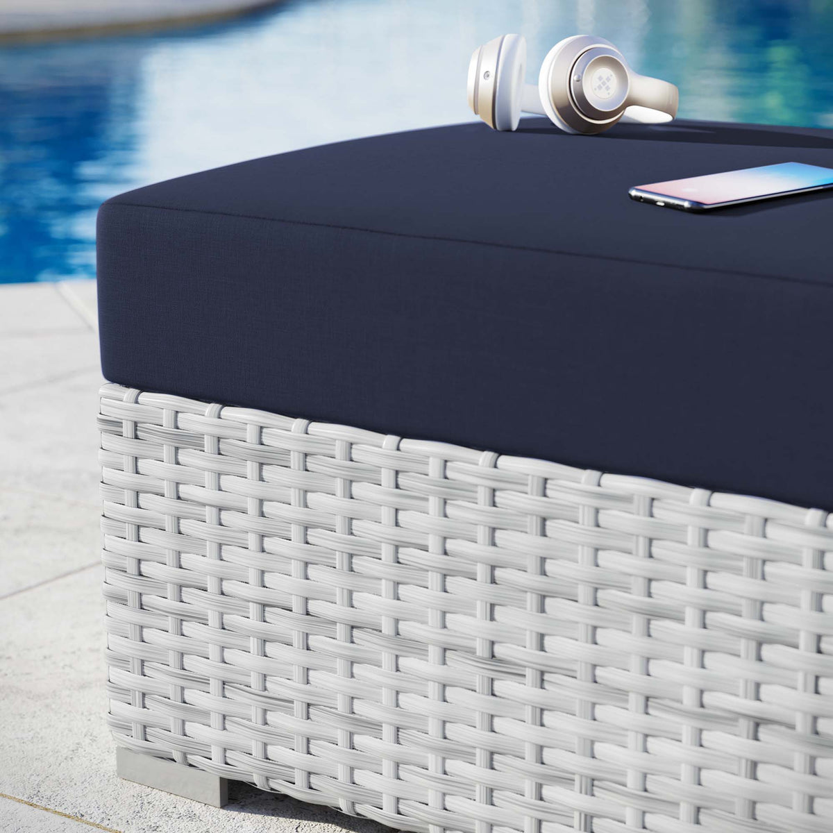Convene Light Gray/Navy Outdoor Patio Ottoman - Ornate Home
