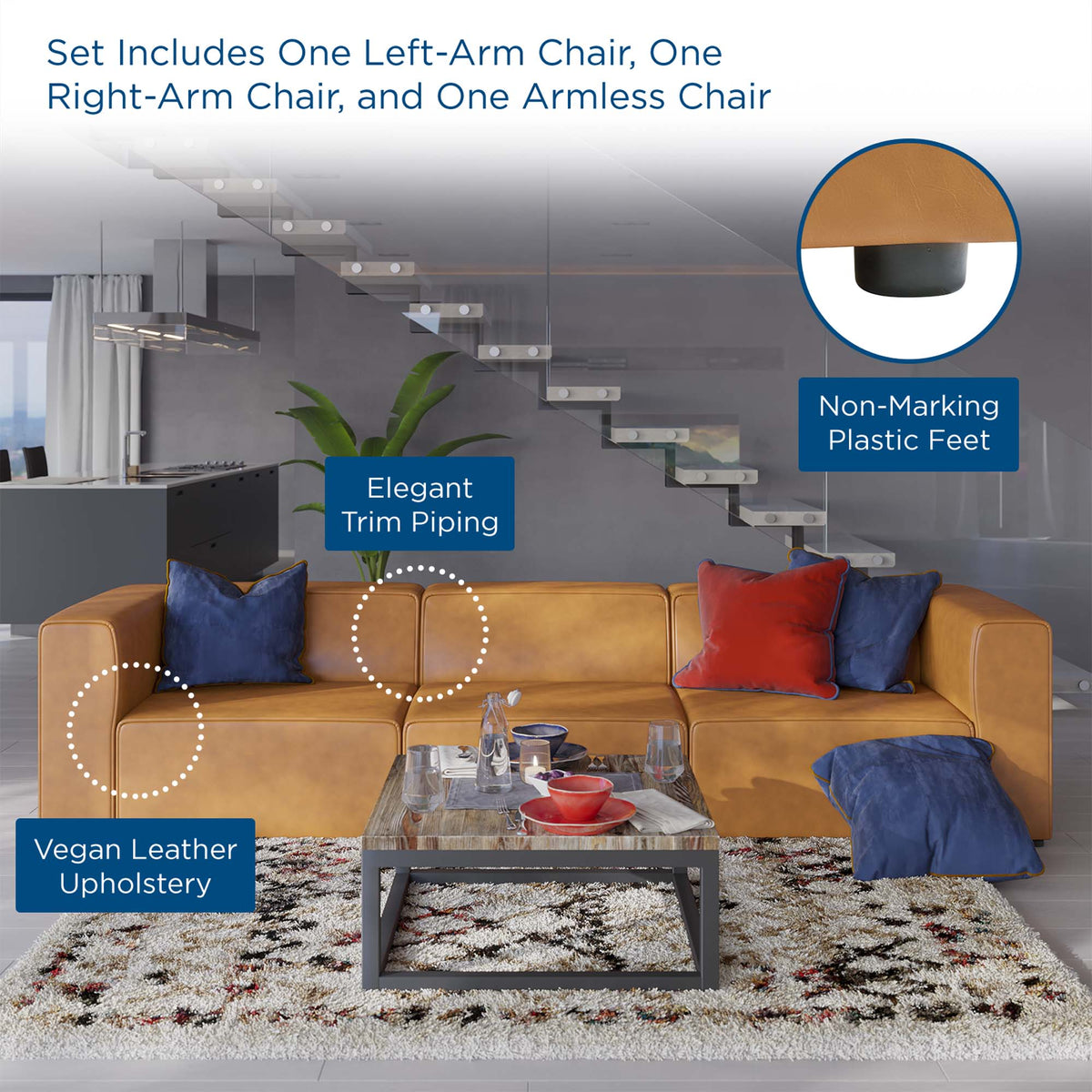 Mingle Tan 3-Piece Vegan Leather Sectional Sofa