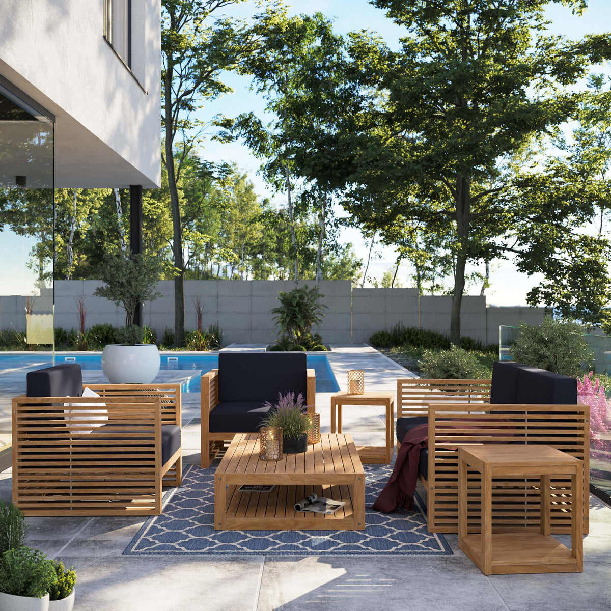 Carlsbad Natural/Navy 6-Piece Teak Wood Outdoor Patio Set