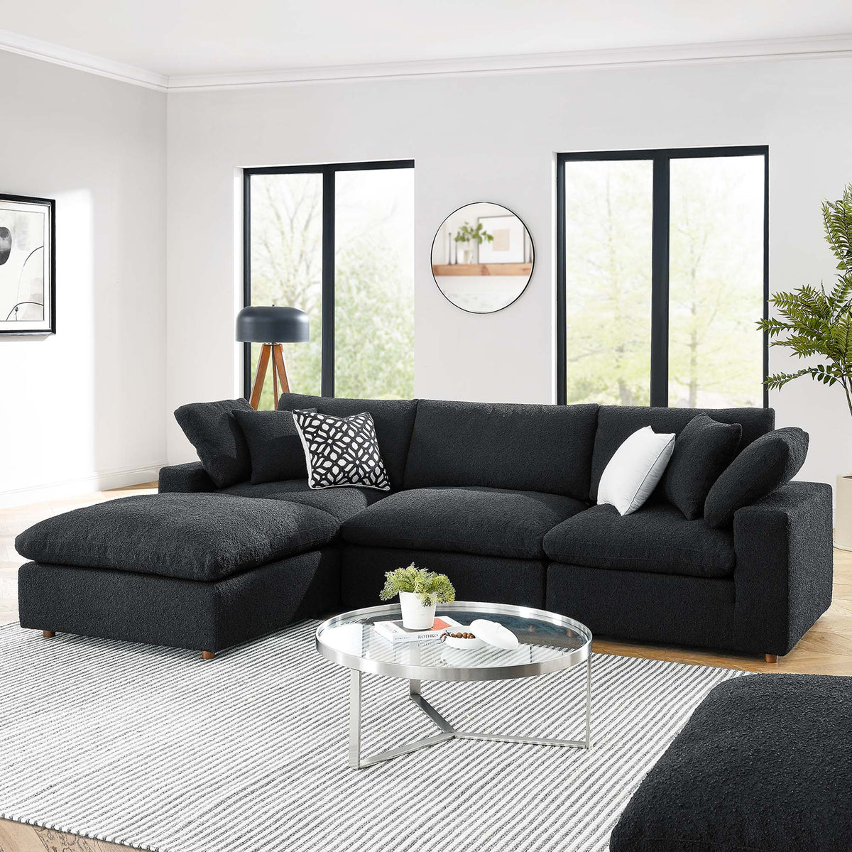 Commix Black 4-Piece Down Filled Overstuffed Boucle Fabric Sectional Sofa
