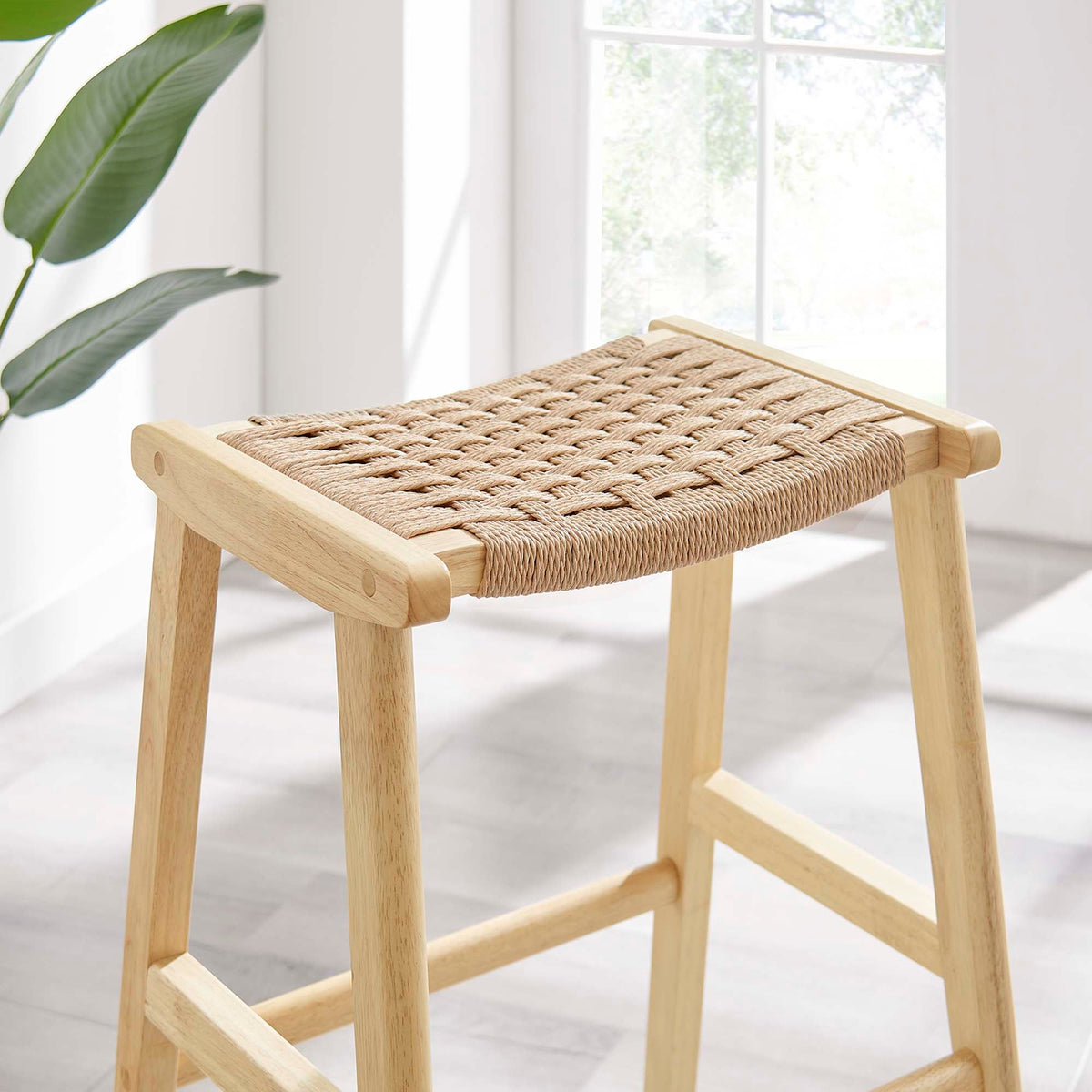 Saoirse Natural Woven Rope Wood Bar Stool (Set of 2)