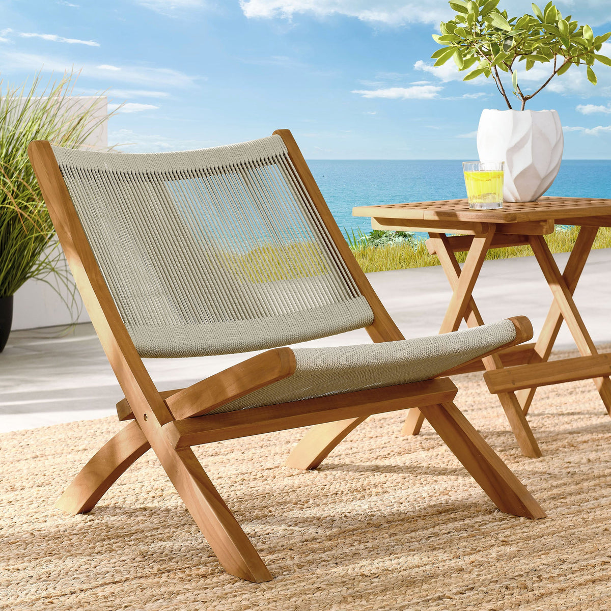 Vienna Natural Outdoor Patio Teak and Rope Folding Accent Lounge Chair