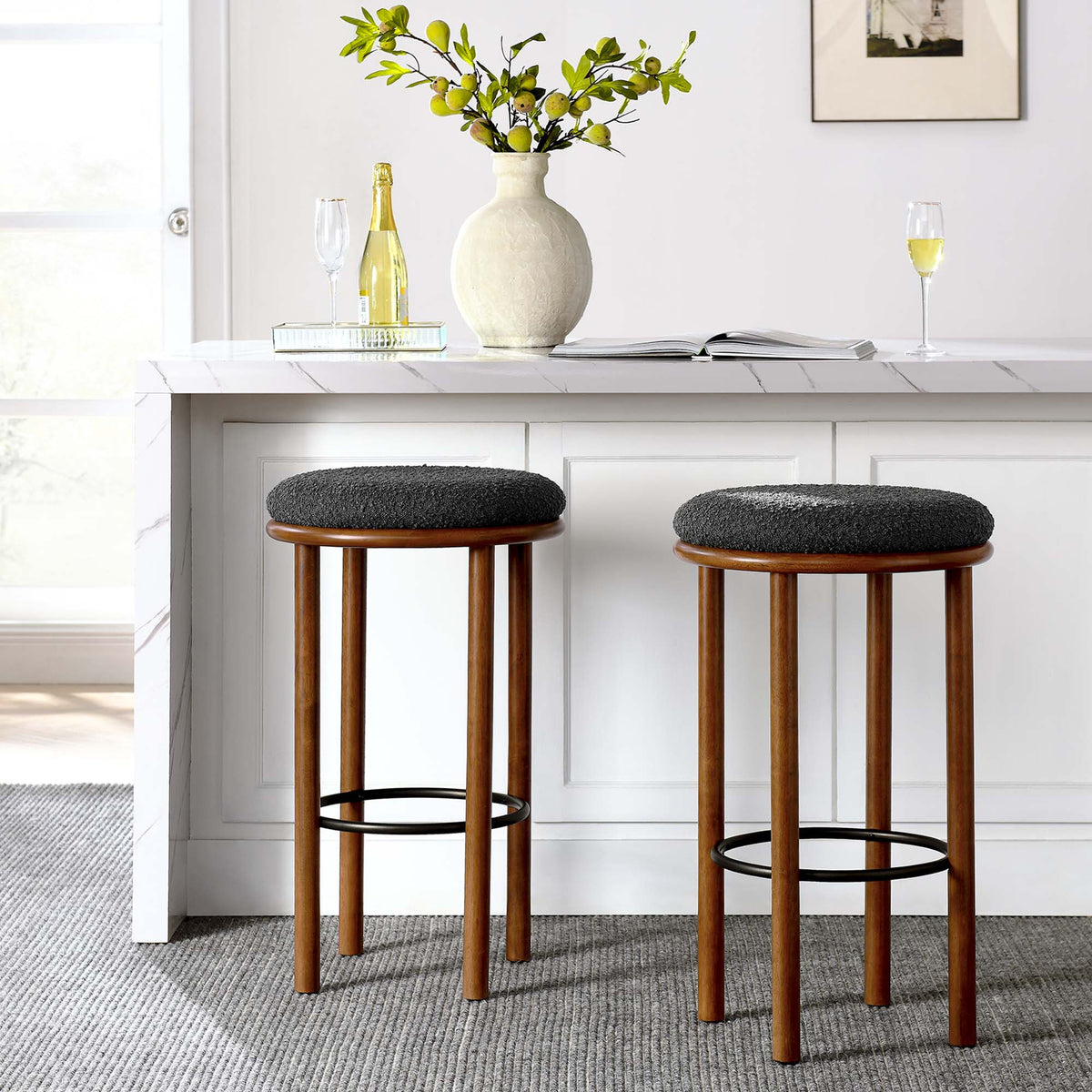 Fable Walnut/Charcoal Boucle Fabric Bar Stools (Set of 2)