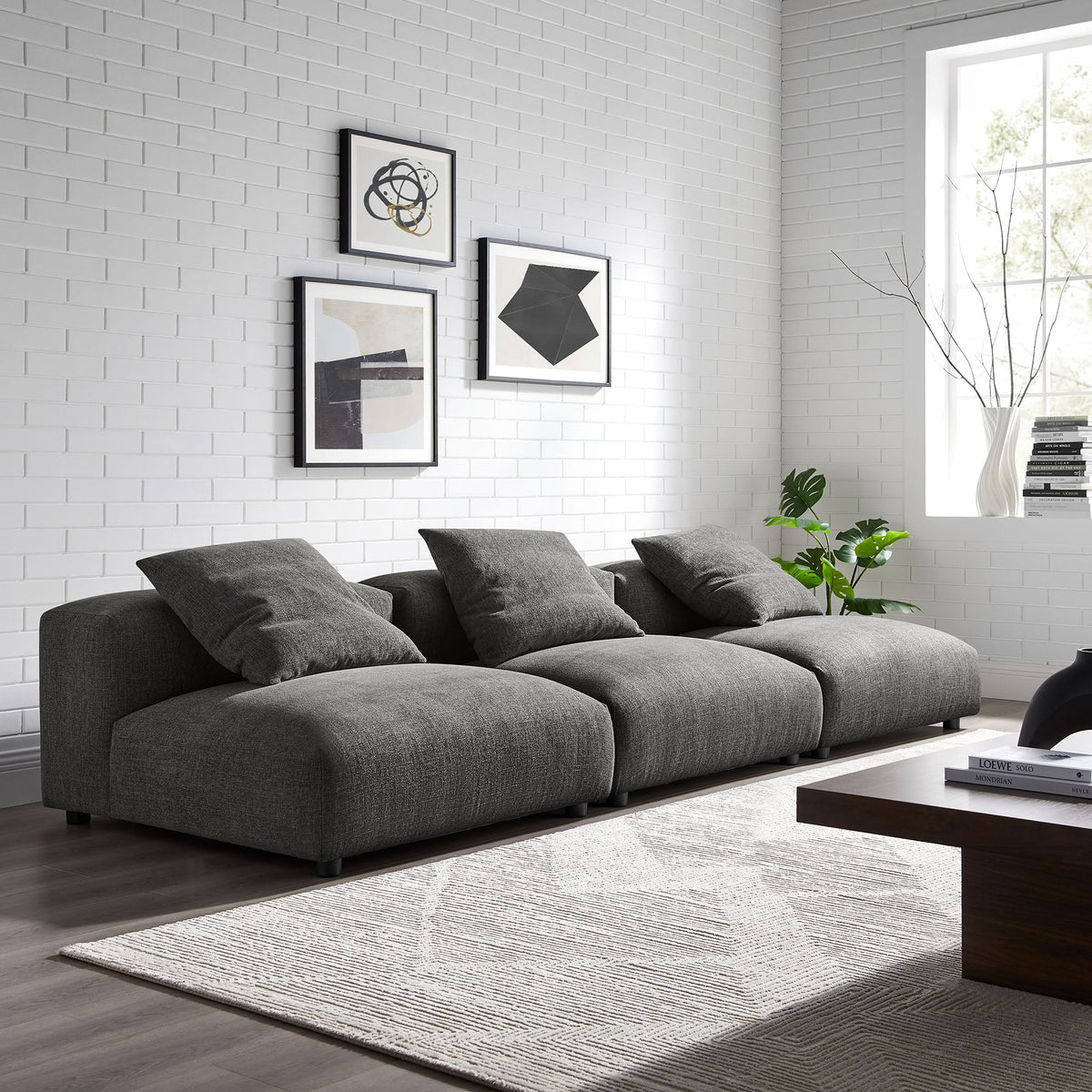 Solace Charcoal 3-Piece Modular Upholstered Fabric Sofa