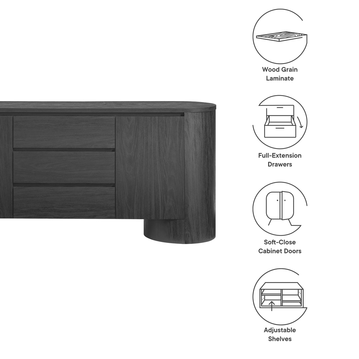 Duval Black 71" Rounded Sideboard Storage Cabinet