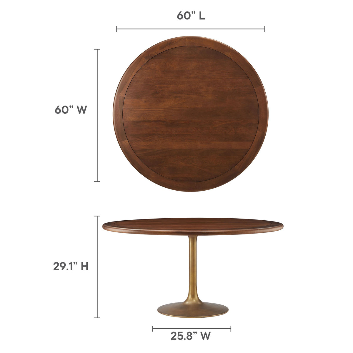 Lippa Brass/Walnut 60" Round Pedestal Solid Wood Dining Table