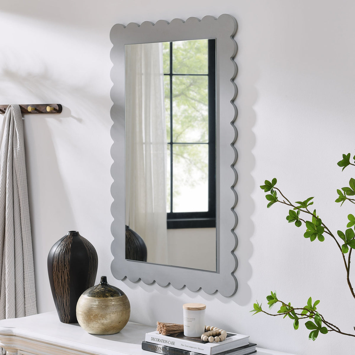 Emmeline Light Gray Scalloped Rectangle Wall Mirror
