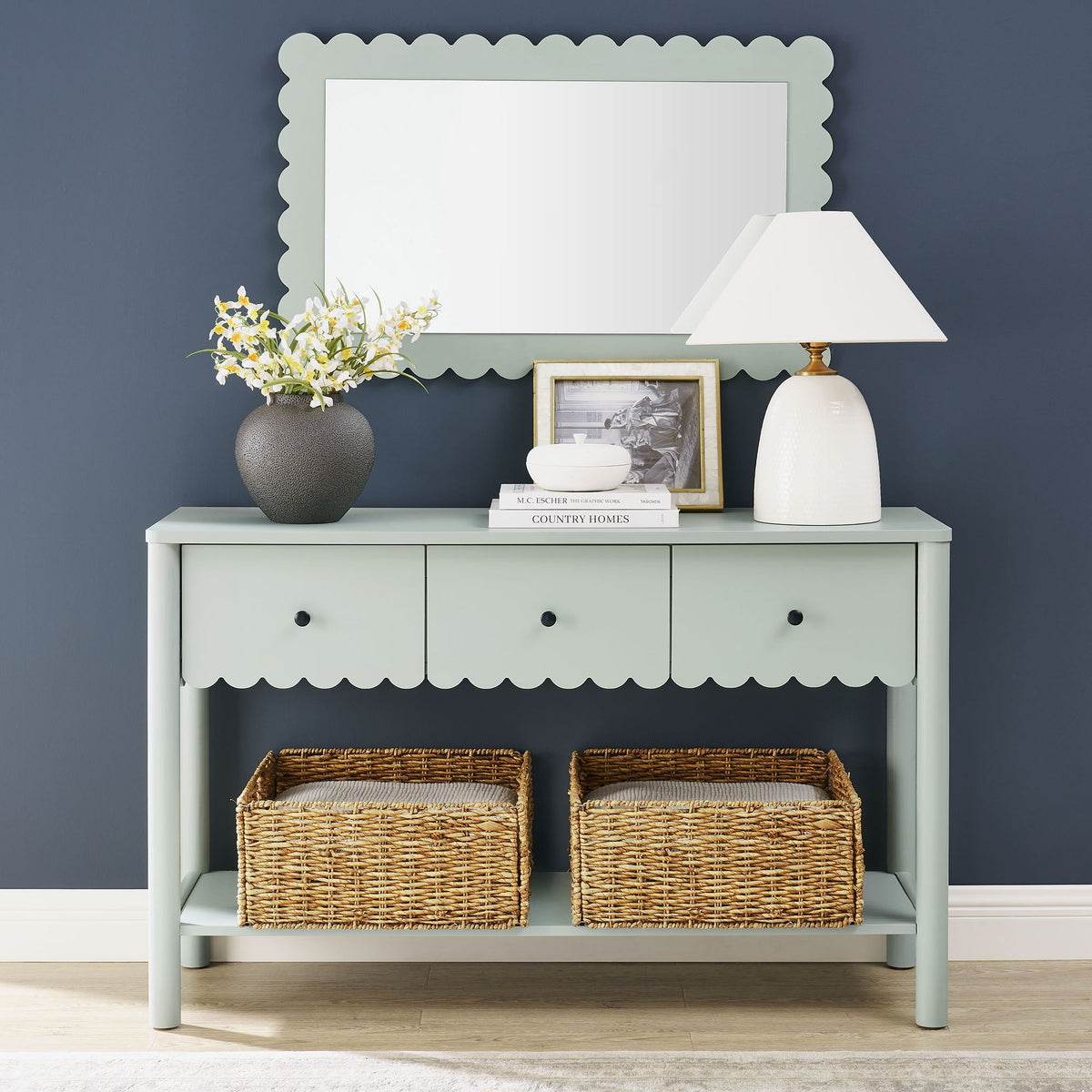 Emmeline Sage 3-Drawer Scalloped Console Table