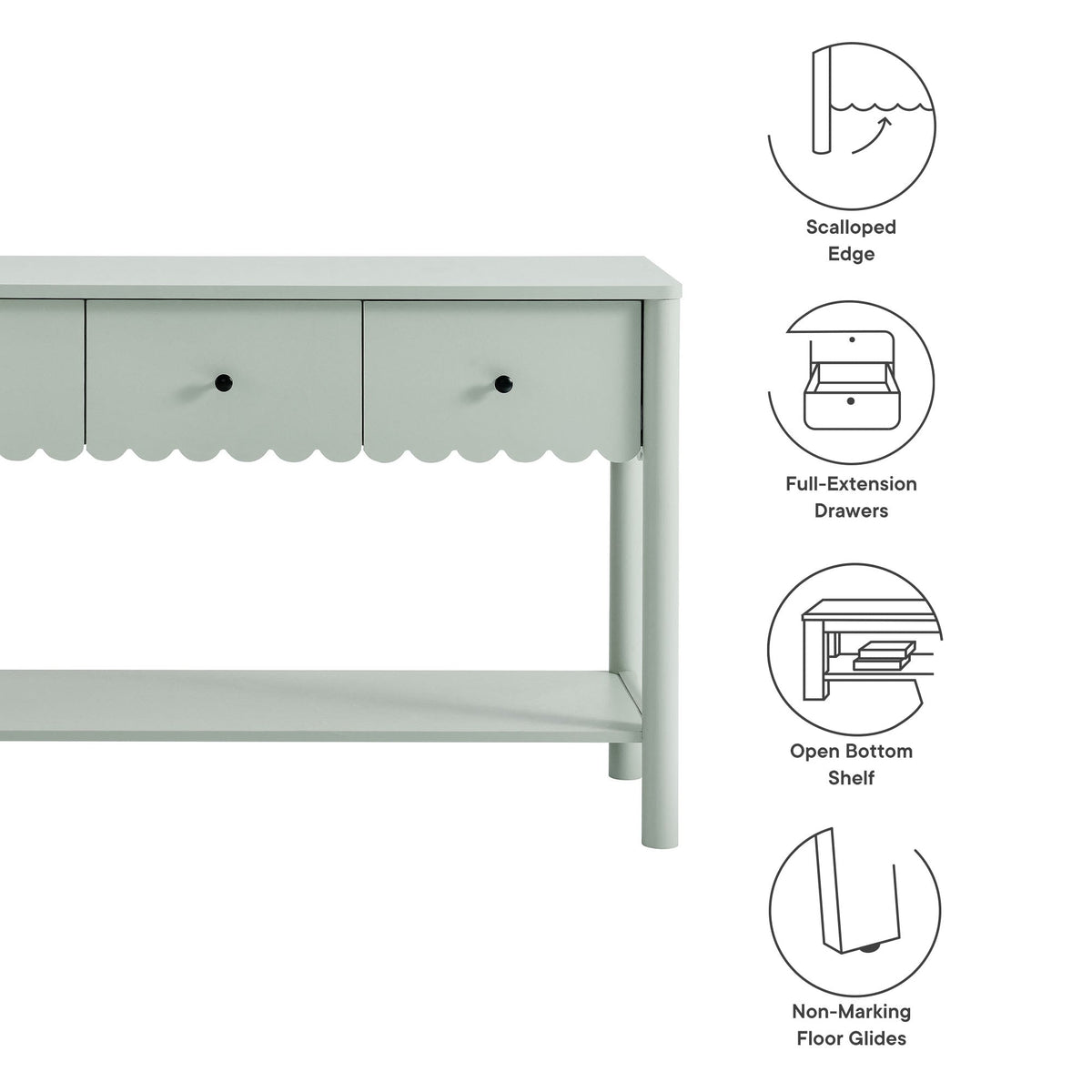 Emmeline Sage 3-Drawer Scalloped Console Table