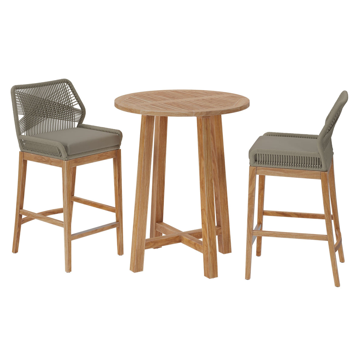 Wellspring Light Gray Greige 3-Piece Outdoor Patio Teak Wood Bar Set