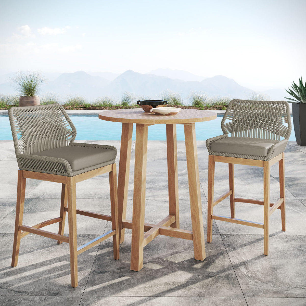 Wellspring Light Gray Greige 3-Piece Outdoor Patio Teak Wood Bar Set