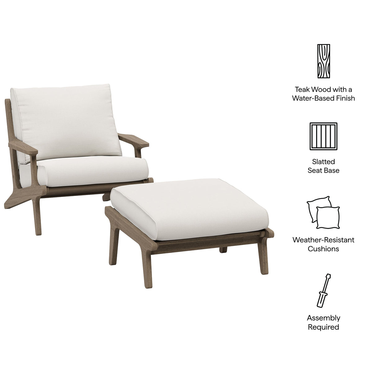 Saratoga Weathered Gray/White Outdoor Patio Teak Wood Chair and Ottoman Set