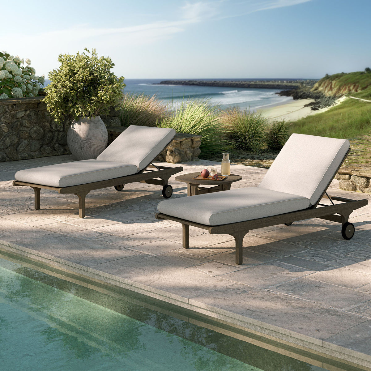 Saratoga Weathered Gray/Pebble Outdoor Patio Teak Wood 3-Piece Chaise Lounge Furniture Set