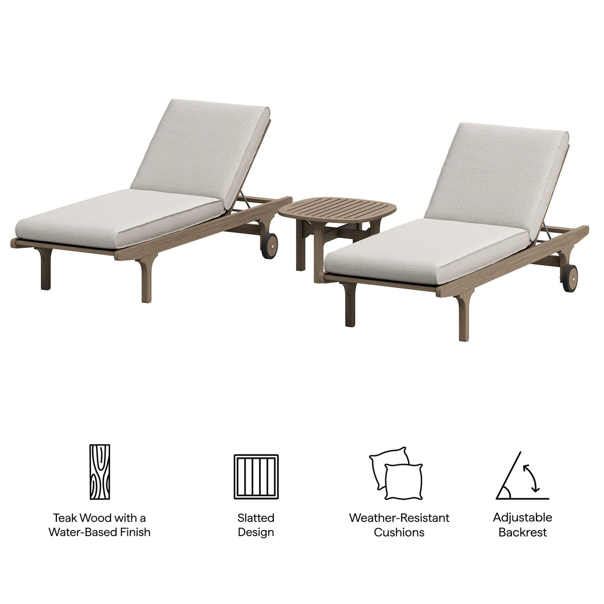 Saratoga Weathered Gray/Pebble Outdoor Patio Teak Wood 3-Piece Chaise Lounge Furniture Set