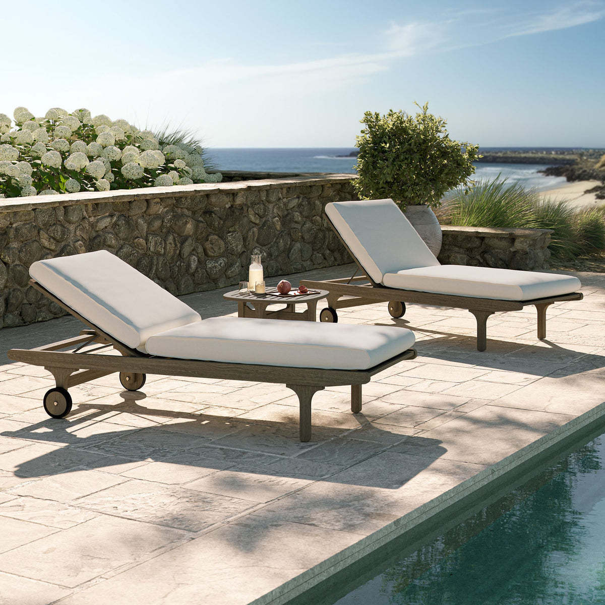 Saratoga Weathered Gray/White Outdoor Patio Teak Wood 3-Piece Chaise Lounge Furniture Set