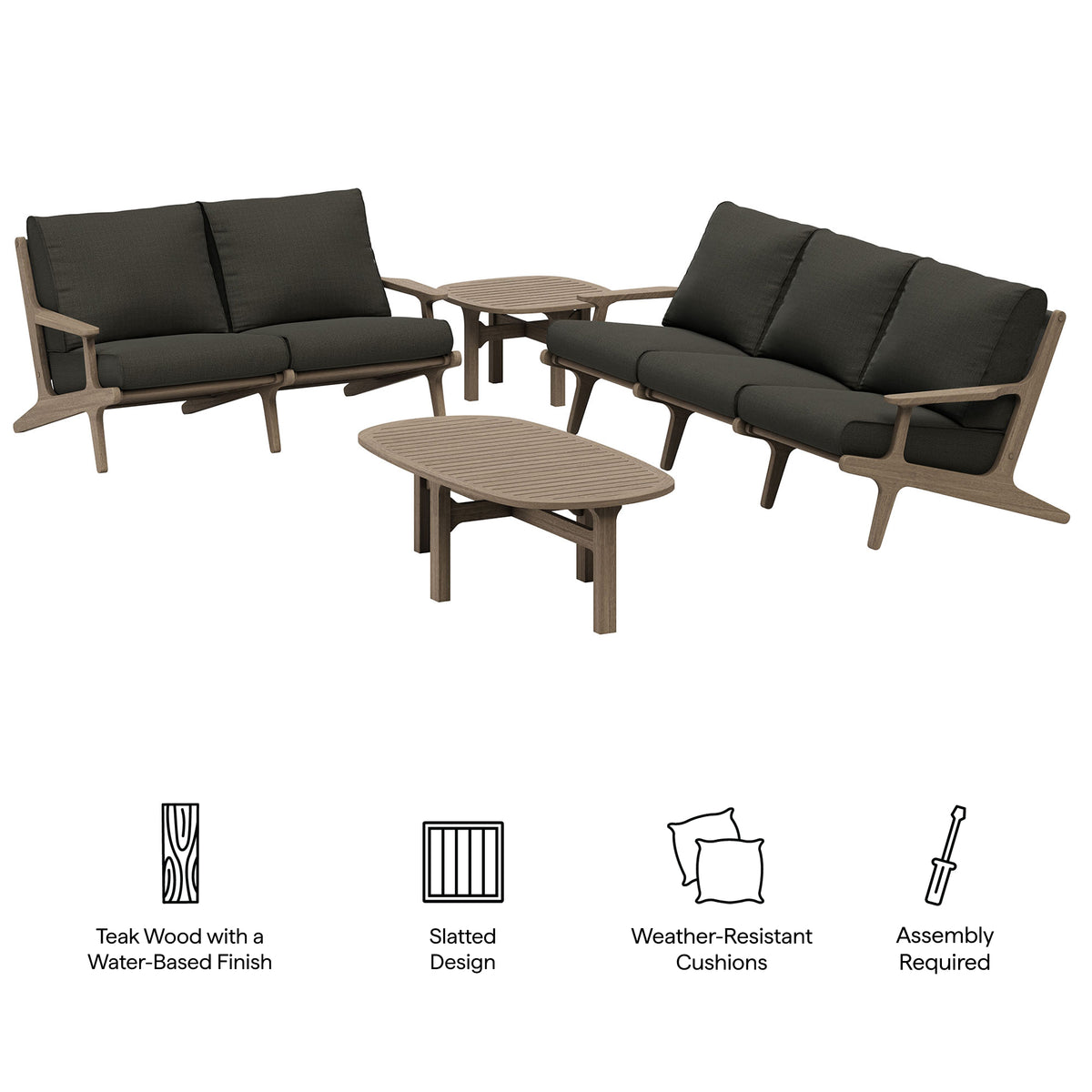 Saratoga Weathered Gray Flint 4-Piece Outdoor Patio Teak Wood Furniture Set - 62.3x174.2"
