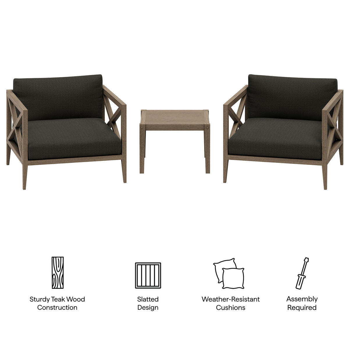 Northlake Weathered Gray Flint 3-Piece Outdoor Patio Teak Wood Furniture Set with Armchair and Side Table