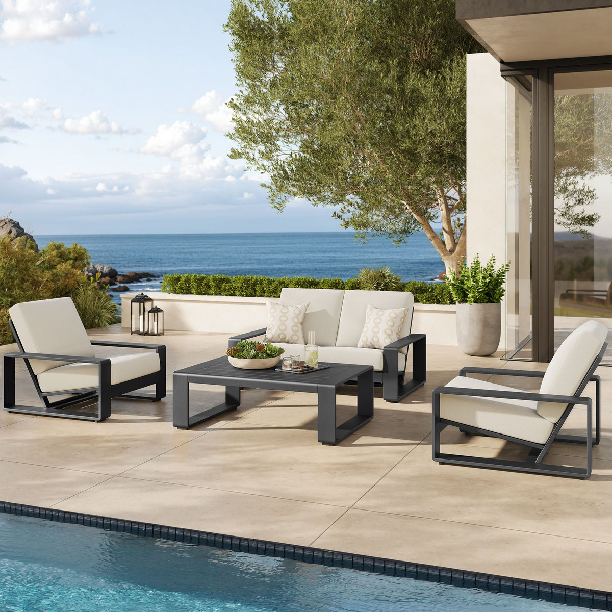 Lirienne Cream/Gray 4-Piece Outdoor Patio Aluminum Furniture Set