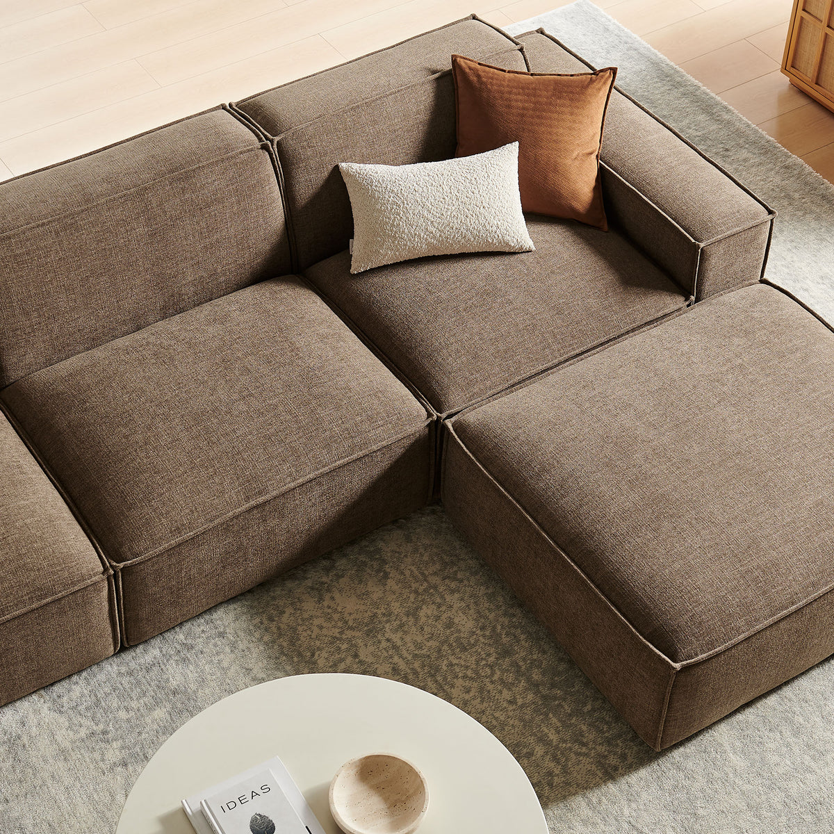 Restore Mocha 4-Piece Performance Fabric Upholstered Modular Sofa Set with Ottoman