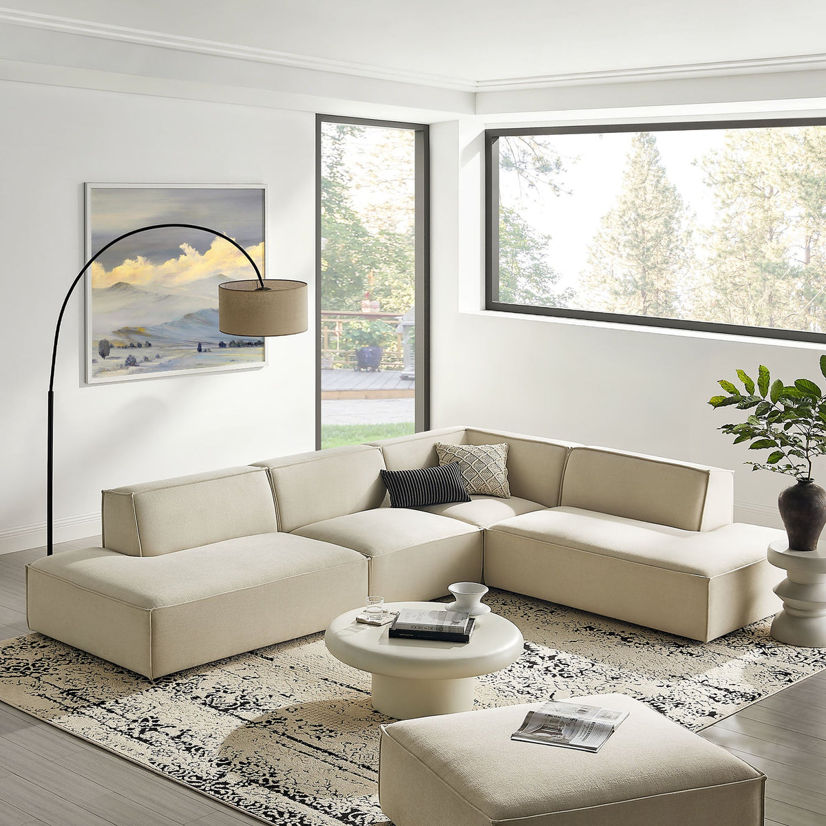 Restore Ecru 4-Piece Performance Fabric Upholstered Modular L-Shaped Armless Sectional Sofa