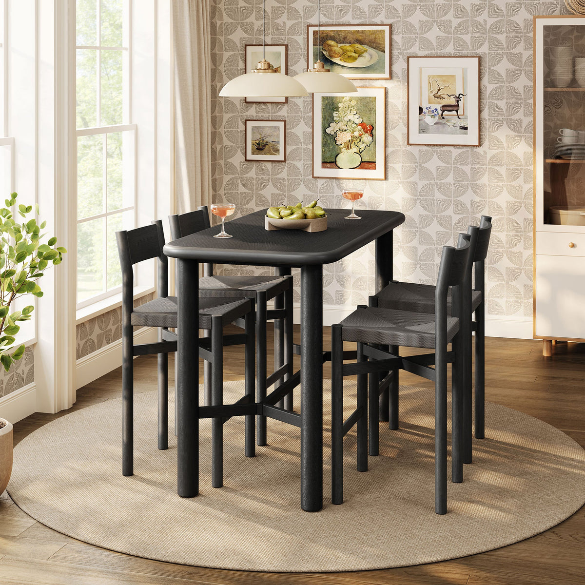 Alvia Black 5-Piece Rectangular Oak Wood Bar Table With Bar Stools Set