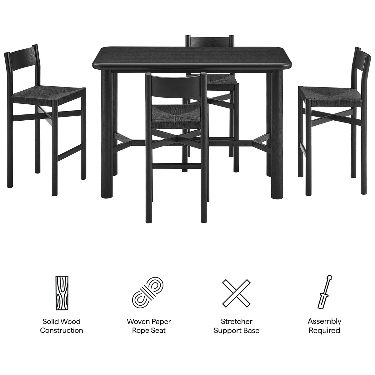 Alvia Black 5-Piece Rectangular Oak Wood Bar Table With Bar Stools Set