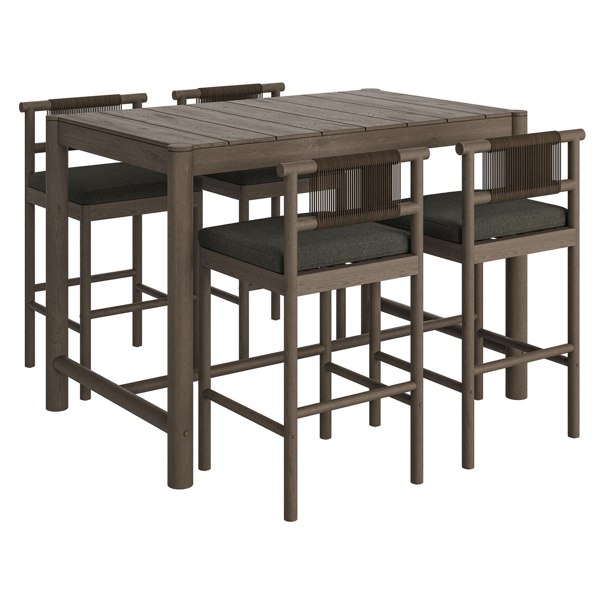 Eleni Weathered Gray Flint 5-Piece Outdoor Patio Teak Wood Bar Set - Ornate Home