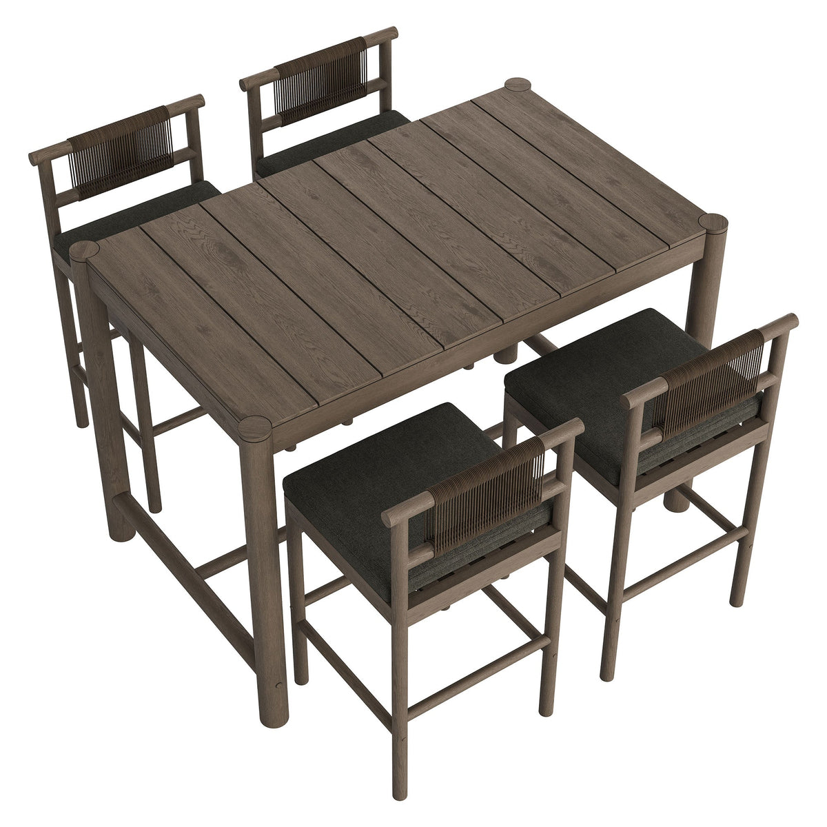 Eleni Weathered Gray Flint 5-Piece Outdoor Patio Teak Wood Bar Set - Ornate Home