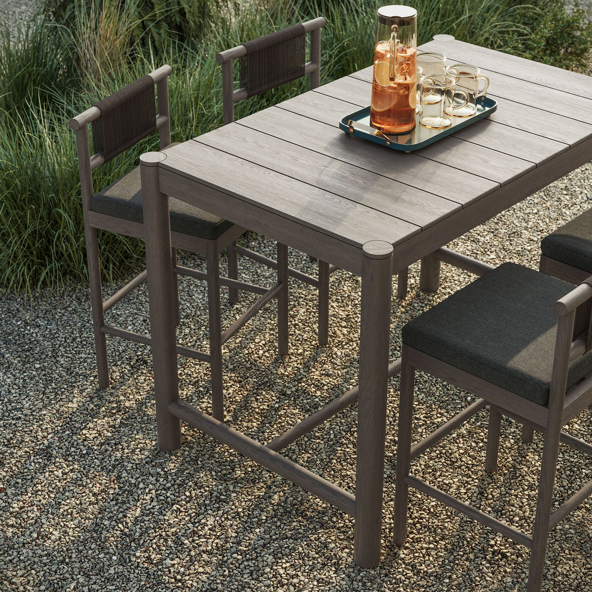 Eleni Weathered Gray Flint 5-Piece Outdoor Patio Teak Wood Bar Set - Ornate Home