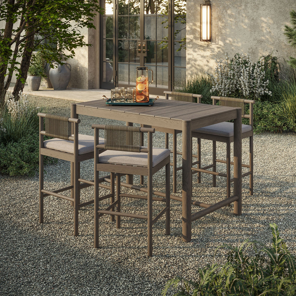 Eleni Weathered Gray/Pebble 5-Piece Outdoor Patio Teak Wood Bar Set - Ornate Home