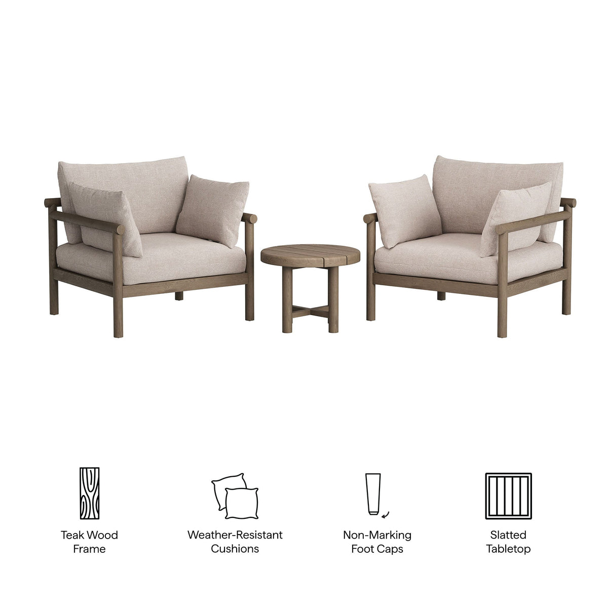 Eleni Weathered Gray/Pebble 3-Piece Outdoor Patio Teak Wood Furniture Set