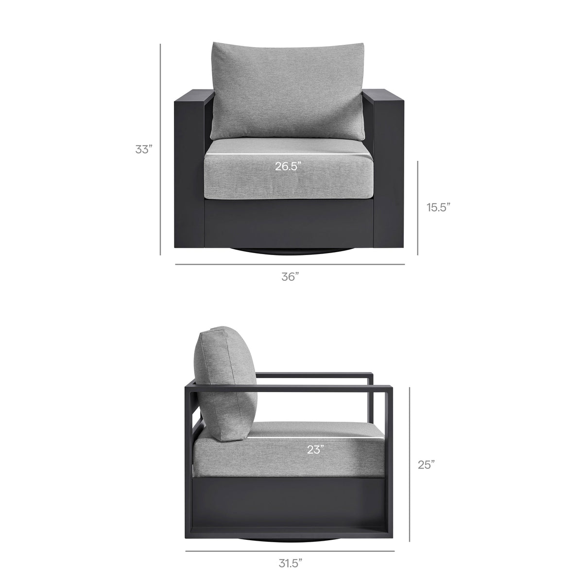 Tahoe Gray Outdoor Patio Powder-Coated Aluminum Swivel Armchair