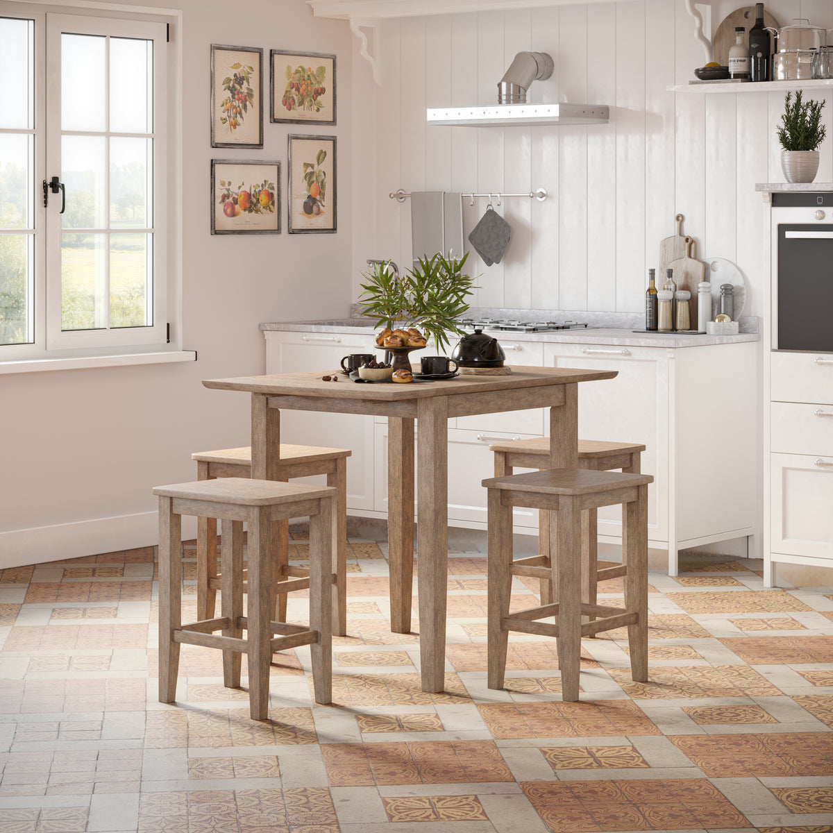 Eastern Tides Bisque Dropleaf Counter Dining Table w/ 4 Backless Stools - Ornate Home