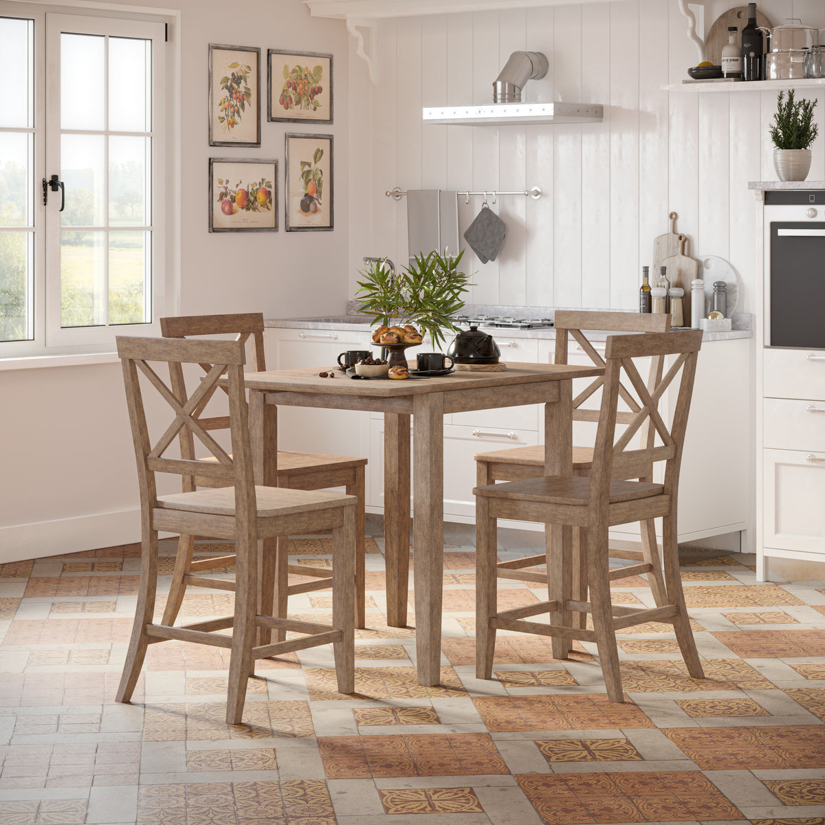 Eastern Tides Bisque Dropleaf Counter Dining Table w/ 4 X-Back Stools - Ornate Home
