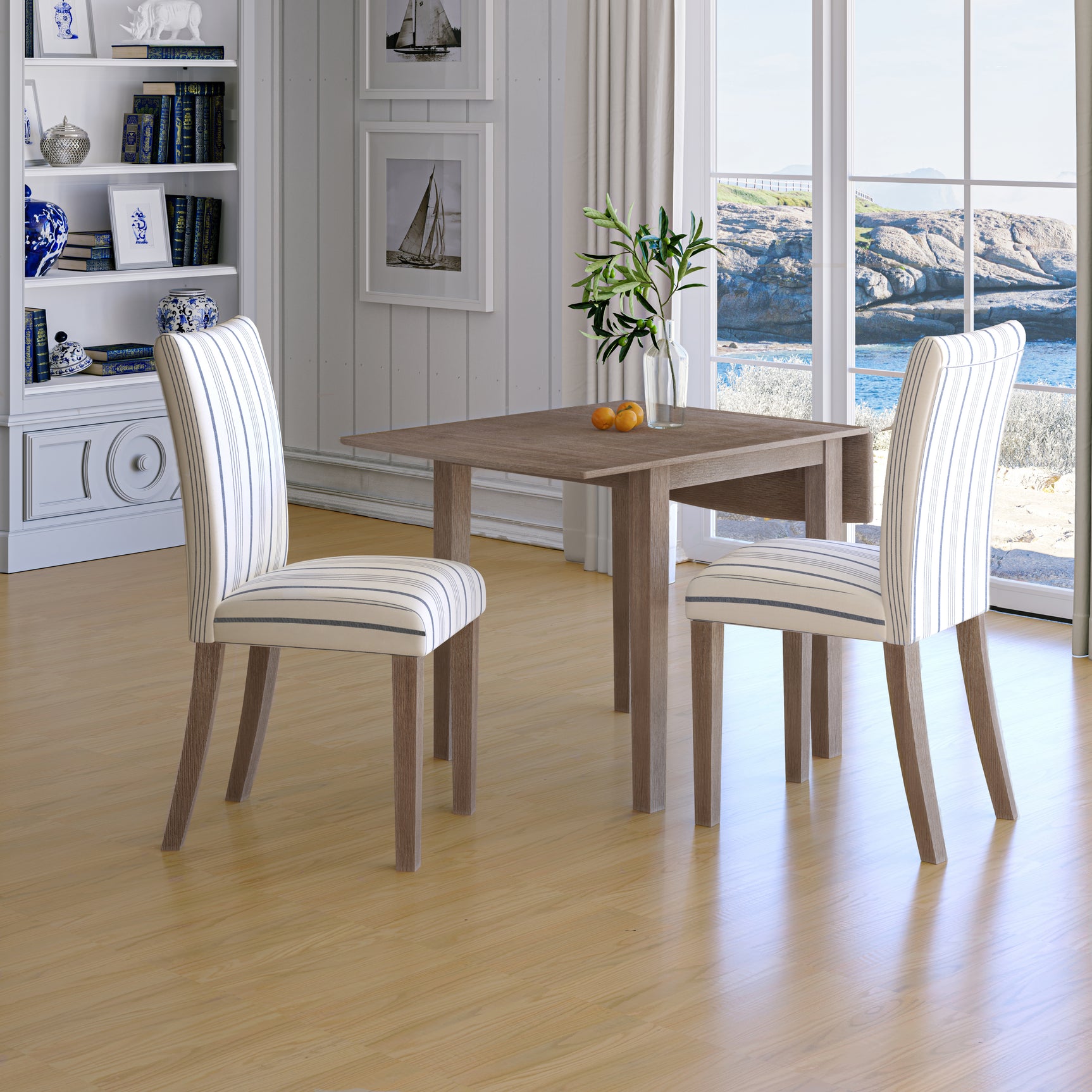 Eastern Tides Bisque Dropleaf Dining Table w/ 2 Uph Chairs - Ornate Home